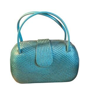 Vintage Straw Woven Handbag Turquoise Structured Top Handle Purse Bag